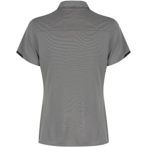 A grey polo shirt with a collar and short sleeves, featuring a logo on the back.