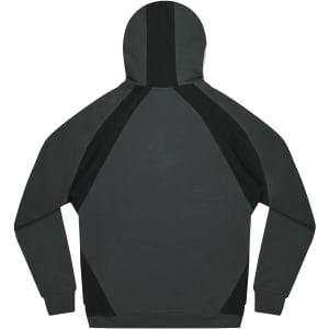 A grey and black hooded jumper featuring a sleek design and a logo on the front.