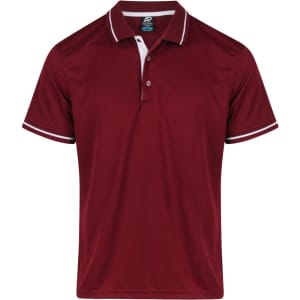A maroon polo shirt featuring a white collar and sleeve trims, with a logo on the chest.