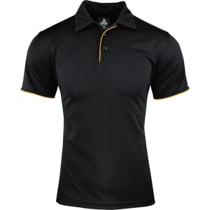 A black polo shirt featuring a yellow trim and a collar, with a logo on the label.