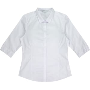 A white 3/4 sleeve button-up shirt with a classic collar and a logo on the label.