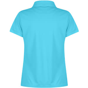 A turquoise polo shirt with a collar and short sleeves, featuring a logo on the back.