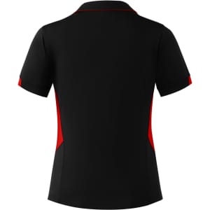 A black polo shirt with red accents, featuring a branded logo on the back.