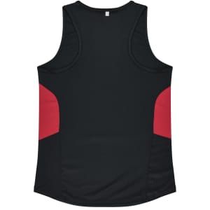 A black singlet with red panels on the sides, featuring a logo. Suitable for casual or sports wear.