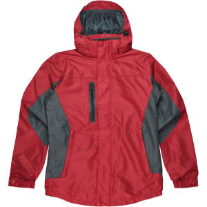 A red and grey jacket featuring a hood, zippered pocket, and adjustable cuffs, with a logo present.