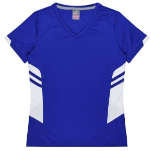A blue women's T-shirt with white accents and a V-neck design. It features stripes on the sides and has a logo.
