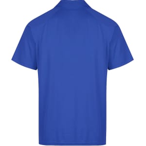 A blue polo shirt with a collar and short sleeves, featuring a logo. The view is from the back.