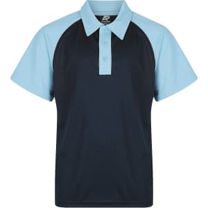 A polo shirt featuring a navy body and light blue sleeves, complete with a collar and buttons.