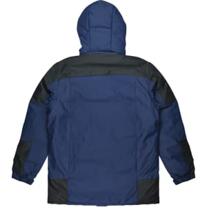 A navy blue jacket with a hood, featuring black accents on the shoulders and sides, showcasing a simple design.