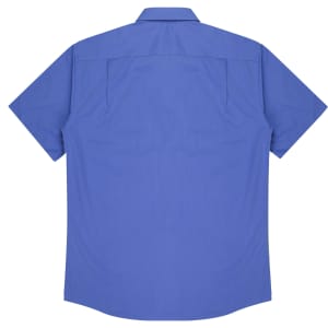 A short-sleeve button-up shirt in a vibrant blue colour, featuring a back yoke and logo.