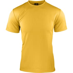 A yellow men's t-shirt with a crew neck and short sleeves, featuring a logo.
