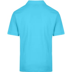 A bright turquoise polo shirt featuring a simple design and a collar, with a branding logo on the front.
