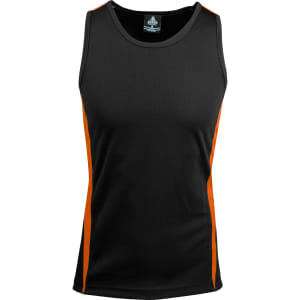 A black singlet with orange side panels and a logo on the neckline.