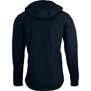 A navy blue soft shell jacket with a hood, featuring a simple design and no visible branding.