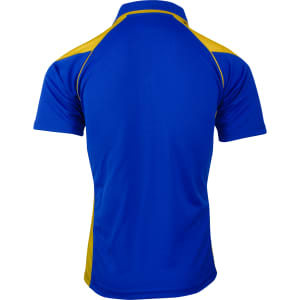 A blue and yellow polo shirt featuring a plain back design and contrasting side details.