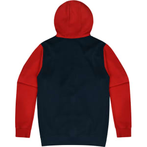 A black and red hoodie featuring a contrasting colour design and a hood. It has long sleeves and a cosy fit.