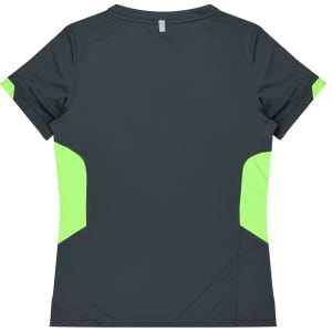 A dark grey t-shirt with lime green accents on the sides, featuring a logo.