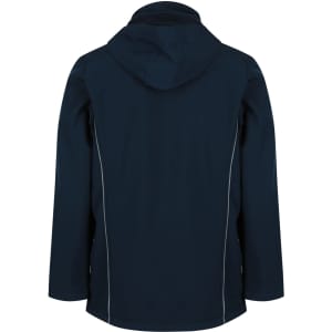 A dark navy soft shell jacket with a hood, featuring a sleek design and contrasting stitching.