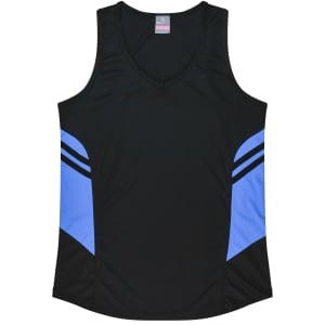 A black singlet with blue accents, featuring a v-neck design and a logo on the label.