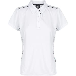 A white polo shirt with a collar, featuring contrasting black side seams and a logo on the chest.