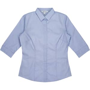 A light blue button-up shirt with three-quarter sleeves and a fitted design, featuring a collar and logo.