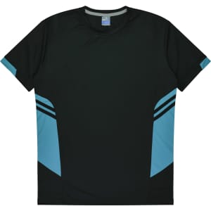 A black T-shirt with turquoise detailing on the sides. It features a logo on the label.