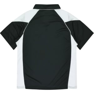 A polo shirt featuring a black body with white accents, including a classic collar and short sleeves.