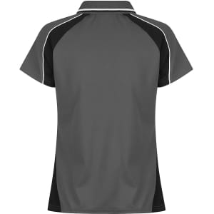 A grey polo shirt with black accents and a branding logo, featuring a classic collar and short sleeves.