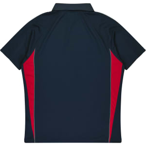 A polo shirt featuring a navy blue body with red side panels and a collar. It has a logo on the front.