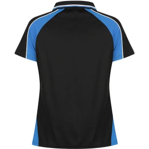 A black polo shirt with blue accents and a discreet logo on the back.