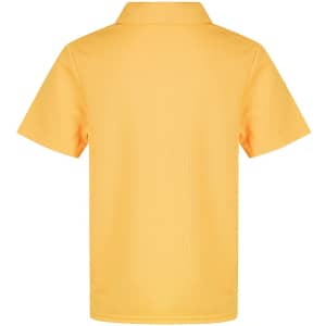 A yellow polo shirt with a collar, featuring a plain back and short sleeves. Includes a logo.