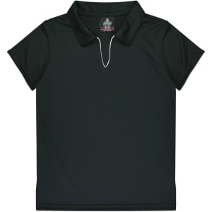 A dark green polo shirt with a collar and a white accent detail. It has a logo on the inner label.