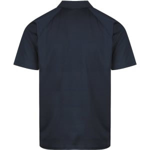 A navy polo shirt with a collar and short sleeves, featuring a logo on the front. The back is plain without design.