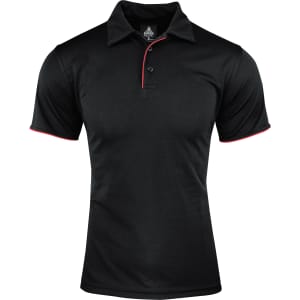 A black polo shirt featuring a red collar and sleeve trim, with a three-button placket and a logo.
