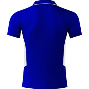 A blue men's polo shirt with white side panels and a branded logo on the back.