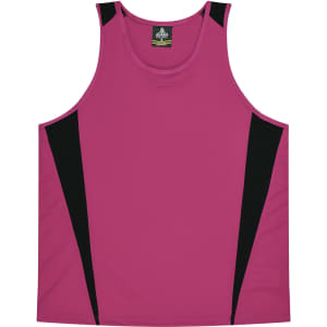 A magenta singlet with black side panels and a logo on the label. Suitable for kids.