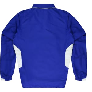 A blue tracktop with white side panels, featuring a collar and elastic cuffs, with a logo on the front.