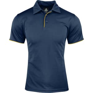 A navy polo shirt with yellow piping, featuring a collar and a logo on the neck.
