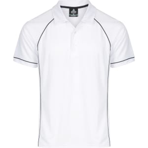 A white polo shirt featuring black piping and a logo at the collar. Short-sleeved design.