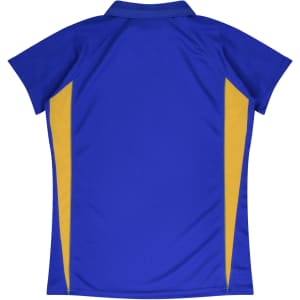 A blue polo shirt with yellow side panels, featuring a collar and a logo.