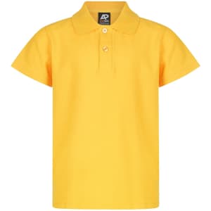 A yellow polo shirt with a collar, featuring a three-button placket and a logo on the label.