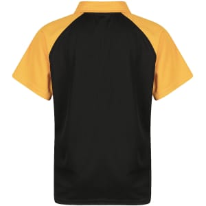 A black and yellow polo shirt with short sleeves and a collar, featuring contrasting shoulder panels and a logo.