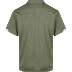 A green men's polo shirt with a collar and short sleeves, featuring a back view and sleeves in a contrasting colour.