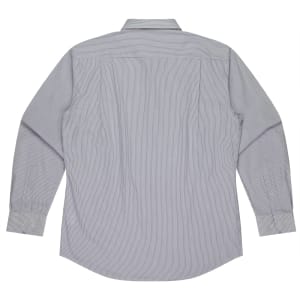 A long-sleeve button-up shirt in grey with a striped pattern, featuring a back view and no visible branding.