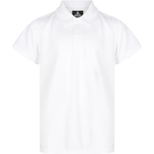 A white polo shirt with a collar, featuring a logo on the upper section. Suitable for sports uniforms.
