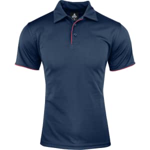 A navy polo shirt featuring red accents and a collar. The shirt has a branding logo on the neckline.