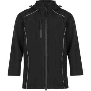 A black jacket with a zippered front, two side pockets, and reflective detailing. It features a hood and branding.