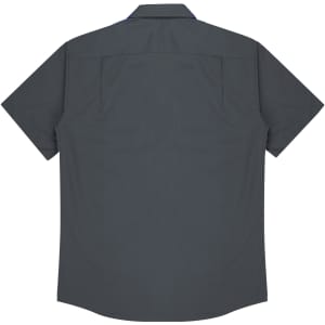 A short-sleeve button-up shirt in charcoal grey with a logo on the back and a smooth fabric finish.