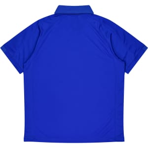 A blue polo shirt with a collar and short sleeves, featuring a plain back and a logo.