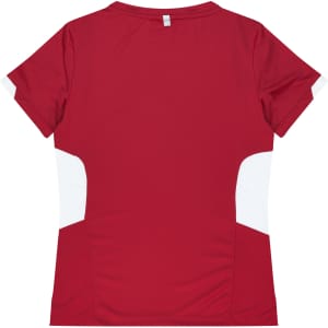 A red women's t-shirt with white side panels and a logo on the back.